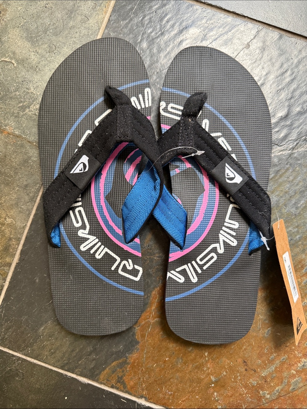 Quiksilver Black Flip-Flops with Blue and Pink Logo size 10 (43)